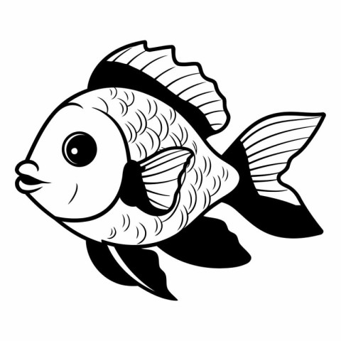 Illustration of a Fish - Black and White Cartoon Style - Vector