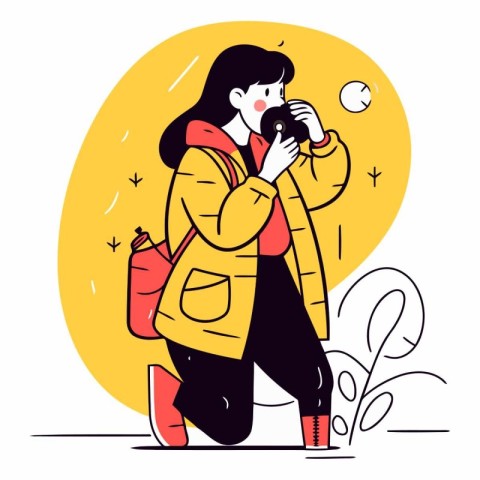 Vector illustration of a girl in a yellow coat with a camera in