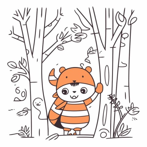 Cute cartoon tiger in the forest. Hand drawn vector illustration