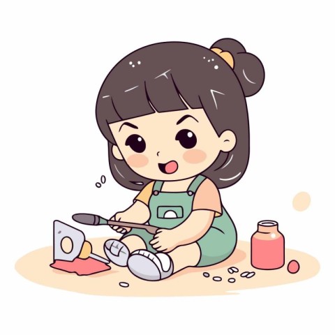 Cute little girl painting on the floor. Vector cartoon illustrat