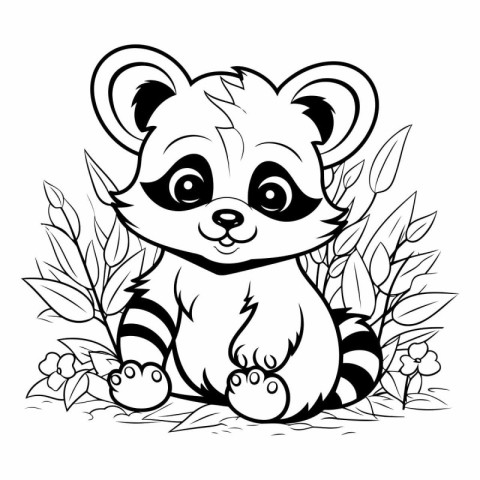 Coloring book for children: raccoon sitting in the grass with fl