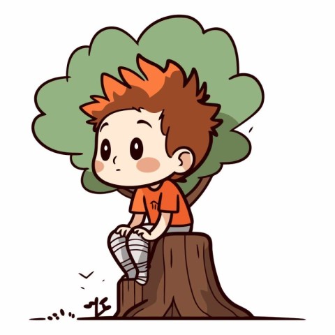 Cute boy sitting on a tree stump in cartoon style.