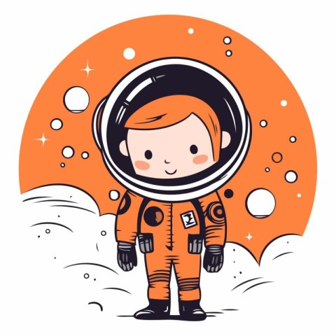 Cute little astronaut in outer space on white background.