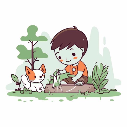 Boy playing with a dog in the garden. Cute cartoon vector illust