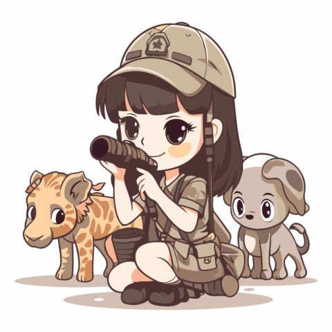 Cute little girl with dog and binoculars.