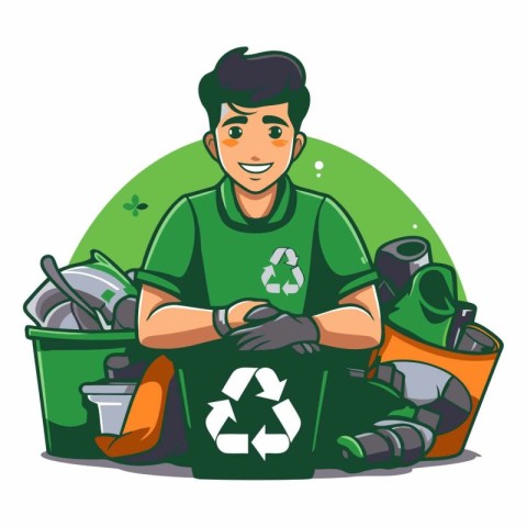 Vector illustration of a man recycling garbage. Recycling concep