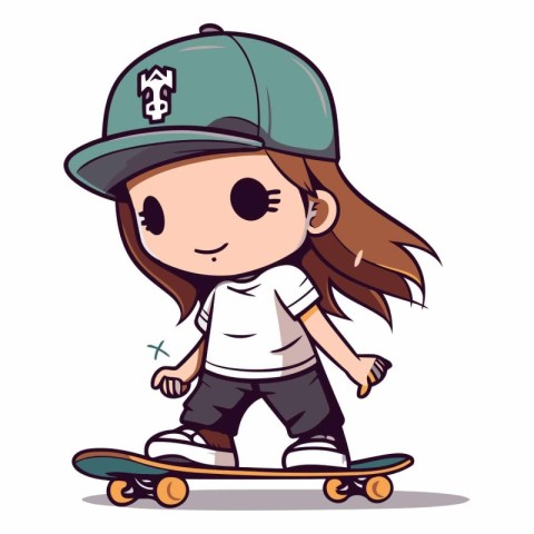 Cute little girl riding a skateboard. Vector cartoon illustratio