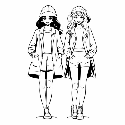 Fashion girls in winter clothes in black and white colors.