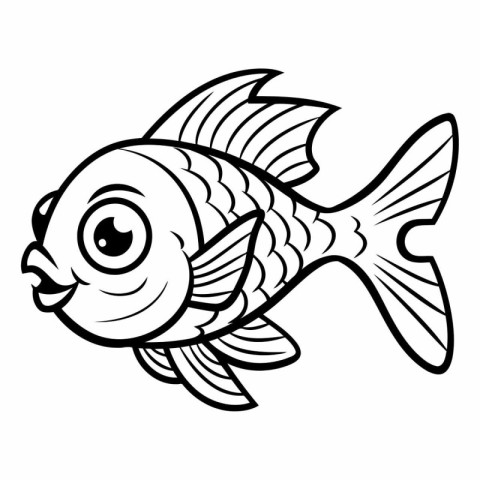 Cute Fish - Black and White Cartoon Illustration. Vector Art