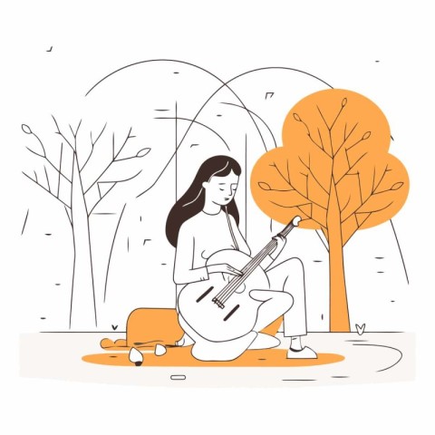 Girl playing guitar in the park in linear style.