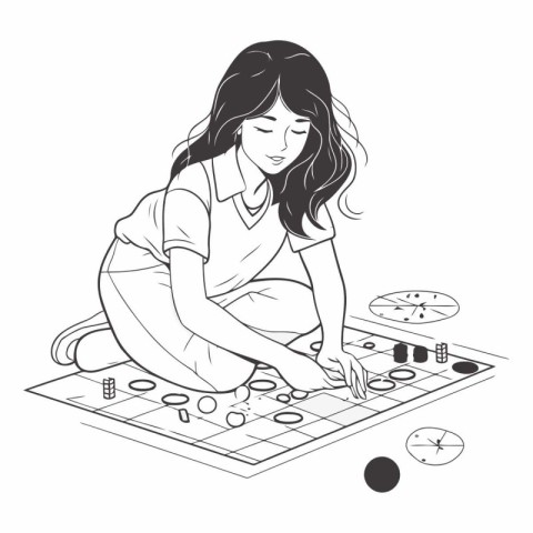 Girl playing board games. Black and white vector illustration of