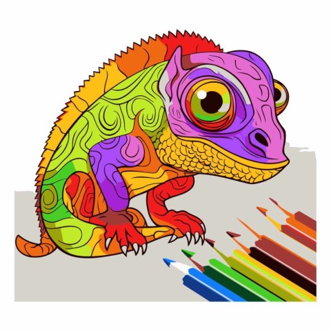 chameleon on a white background with pencils