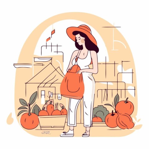 Vector illustration of a girl with a shopping bag in the city.