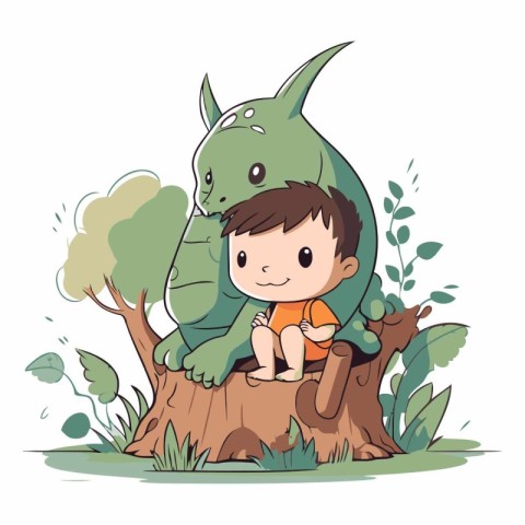 Little boy sitting on a stump and hugging a dinosaur.