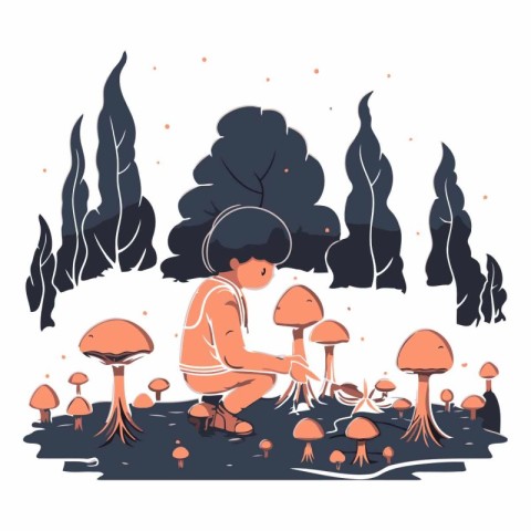 Little girl playing with mushrooms in a flat style.