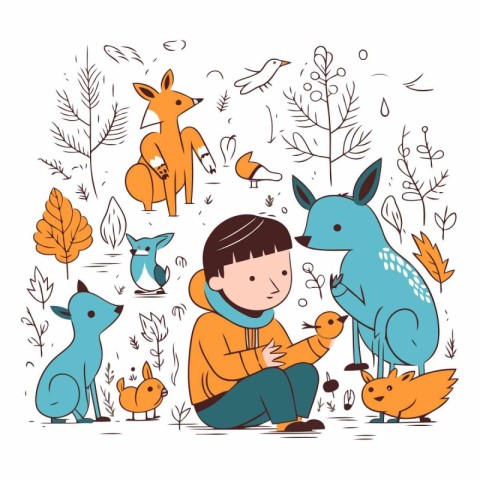 Cute little boy and animals in the forest.