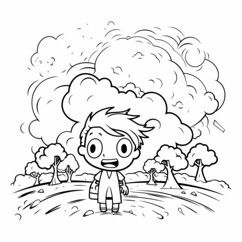 Black and White Cartoon Illustration of a Kid Boy Walking in the