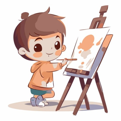 Cute little boy painting on easel. Vector cartoon illustration.