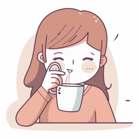 Illustration of a young woman drinking a cup of hot drink.