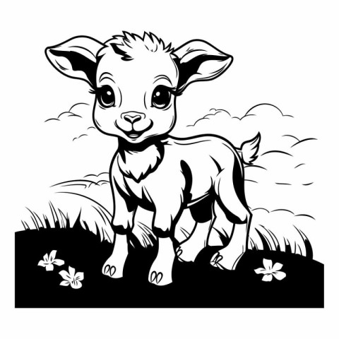 Vector image of a little lamb on a meadow with flowers.