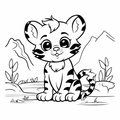 Black and White Cartoon Illustration of Cute Baby Tiger Animal C