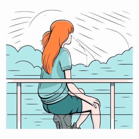 Young woman sitting on the pier and looking at the sea.