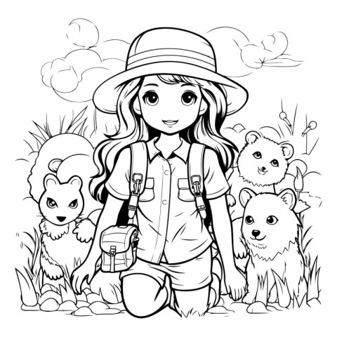 Outline of a girl hiker with a backpack and a group of animals