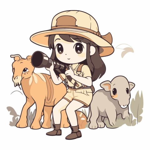 Girl in safari hat with camera and animals.