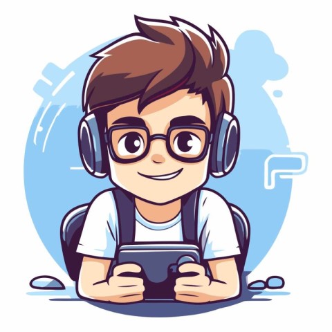 Cute boy with headphones and smartphone in cartoon style.