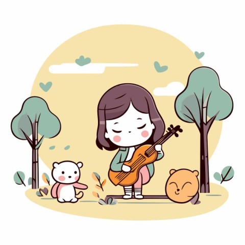 Girl playing guitar and teddy bear in the park vector illustrati