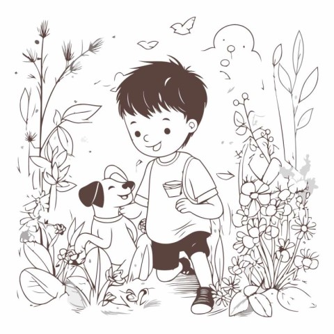 Vector illustration of a boy and dog in the garden with flowers.