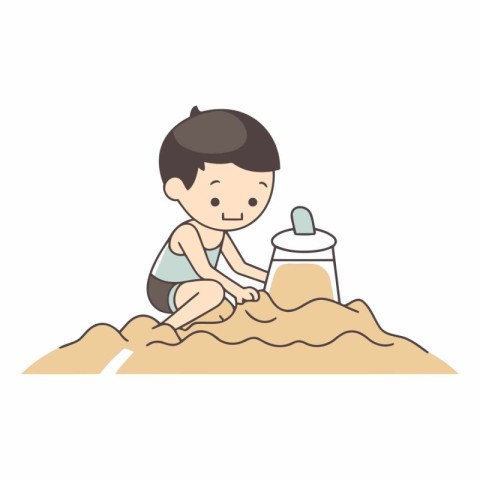 Cute little boy playing with sand in cartoon style.