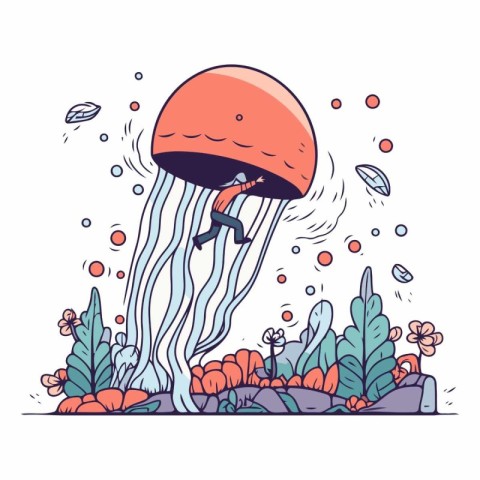 Cartoon doodle illustration of jellyfish floating in the sea.