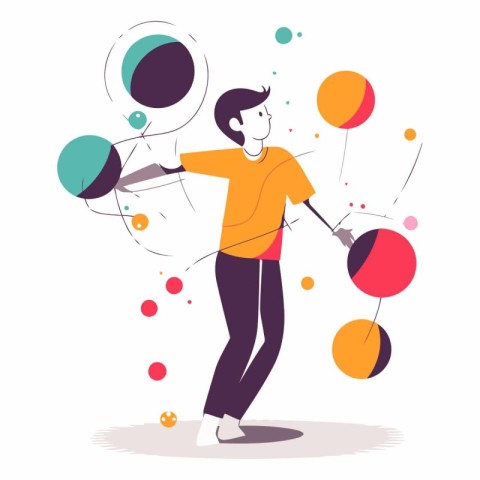 Vector illustration of a girl playing with balloons. Flat style