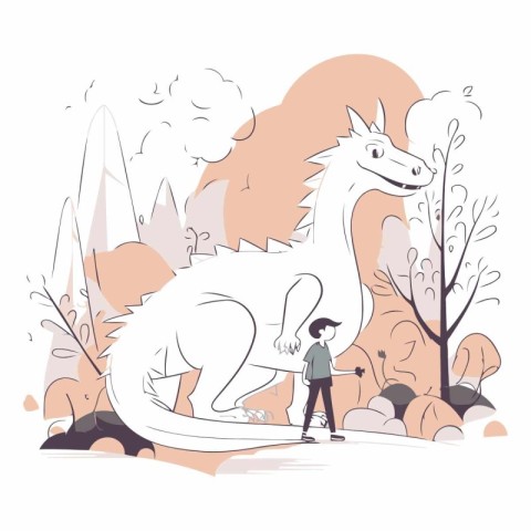 Vector illustration of a boy walking with a dragon in the park.