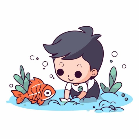 Little boy swimming with a fish in the water.