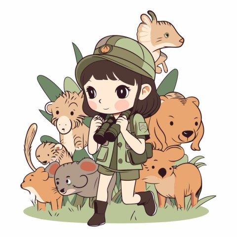 Cute girl in scout uniform with binoculars and many animals