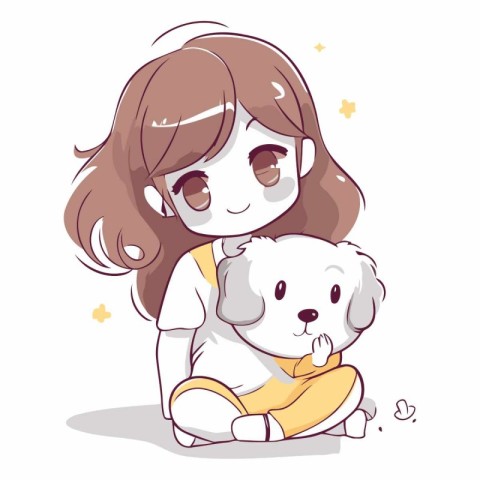 Illustration of a Cute Little Girl Hugging a Puppy