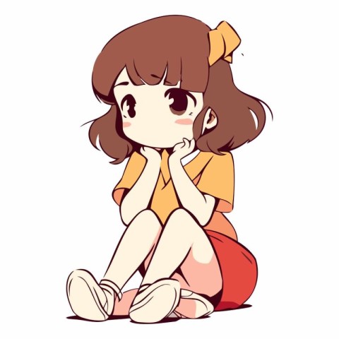 Illustration of a cute little girl sitting on the ground and thi