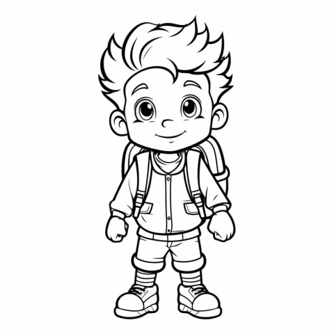 Cute cartoon boy with backpack for coloring book.