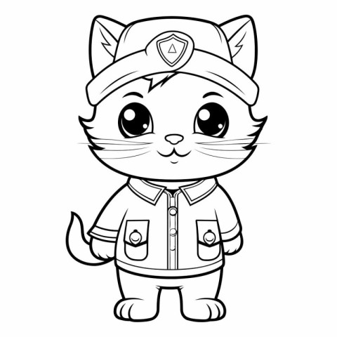 Black and White Cartoon Illustration of Cute Cat Captain Charact