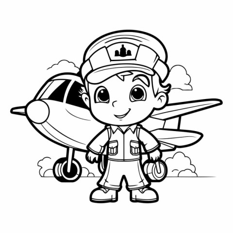 Cute Cartoon Pilot Boy with Plane Vector Illustration. Coloring