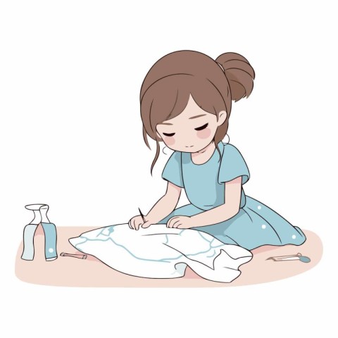 Illustration of a Little Girl Cleaning Her Clothes - Vector