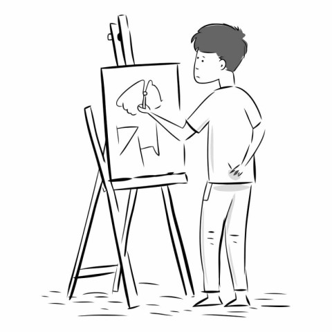 Artist drawing a picture on easel. black and white vector illust