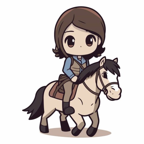 Cute girl riding a horse on white background.