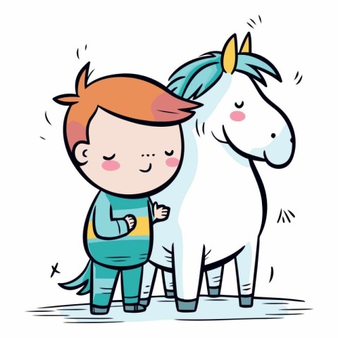 Cute little boy and white unicorn. Vector clip art illustration.