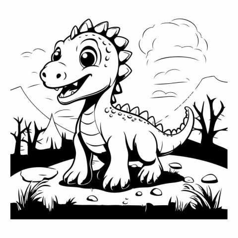 cute little dinosaur in the forest. black and white vector illus