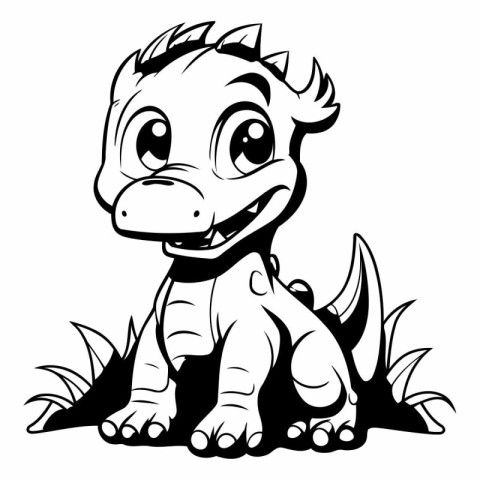 Cute little dinosaur sitting on grass - black and white vector i