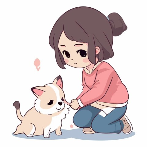 Little girl playing with her dog. Cute cartoon vector illustrati