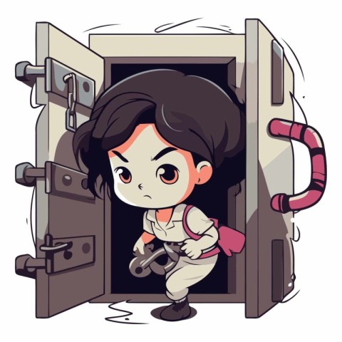 A vector illustration of a cartoon girl in a safe with a wrench